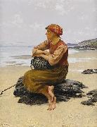 August Hagborg Sittande ostronplockerska pa stranden oil on canvas